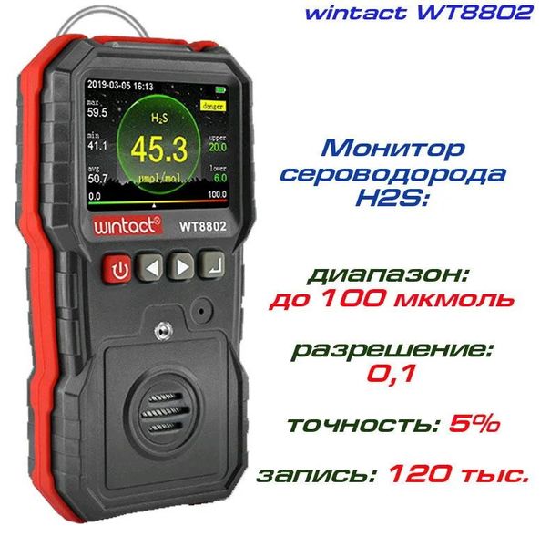 Газоанализатор сероводорода H2S (0-100 μmol/mol) WINTACT WT8802 1120632049 фото