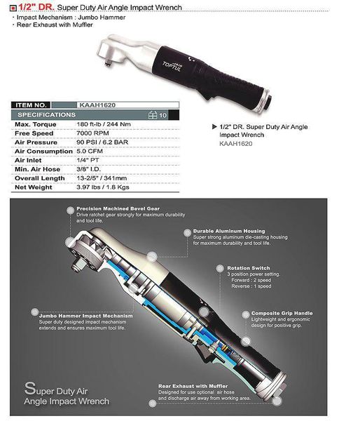 Пневмотрещетка усиленная 1/2" TOPTUL 244N/m 700об/мин KAAH1620 1013893006 фото